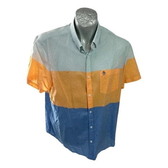 Penguin Mens Shirt Size  XL SS Slim Fit Blue Yellow Pale Blue Stripe - Picture 1 of 9